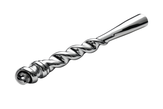 Elegant twisted silver bar spoon cocktail mixing tool upscale barware premium quality reflective surface isolated on black background on transparent background