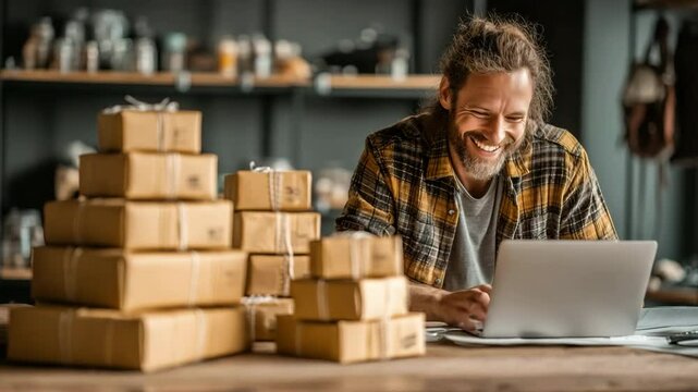A man wearing a shirt is seen using a laptop and stacking cardboard boxes on a table, suggesting that this is a home workplace or small business. 