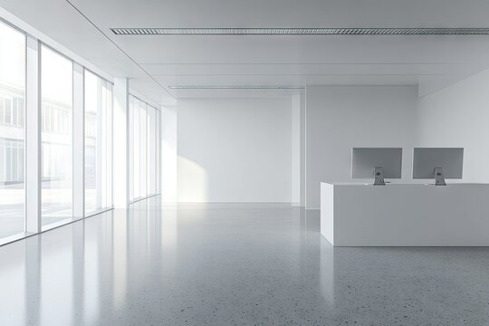 Modern office interior showcasing a spacious workspace with desks. ergonomic chairs. large windows allowing natural light. and greenery. promoting a productive environment