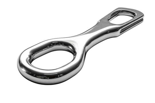 Sleek chrome metal loop connector precise engineering design reflecting light with a smooth polished surface on a black background ideal on transparent background
