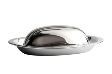 Elegant silver plated butter dish with a dome lid reflecting light beautifully on a dark background Perfect for formal dining Adds a touch on transparent background