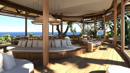 Fototapeta premium Coastal, modern, tropical, open-plan lounge. Rustic, wood, design, and ocean views