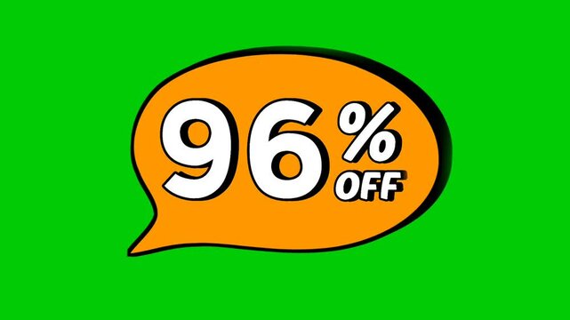 96% percent off discount label symbol animation motion graphic text in yellow speech bubble on green screen background. Discount price tag suitable for black Friday or wholesale and business concept