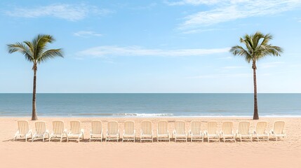 Fototapeta premium Serene Beachfront with Empty Lounge Chairs and Palm Trees at Coastal Resort