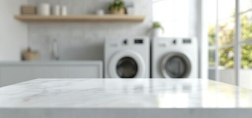 A modern laundry room featuring a marble countertop in the foreground. with washing machines and neatly organized cleaning supplies in the background. creating a tidy and functional space