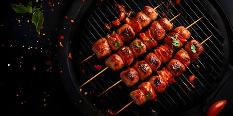 Gourmet Kebab on a Charcoal Grill: A mouthwatering close-up of freshly grilled kebabs, sizzling on a hot charcoal grill, evoking flavors and aromas.