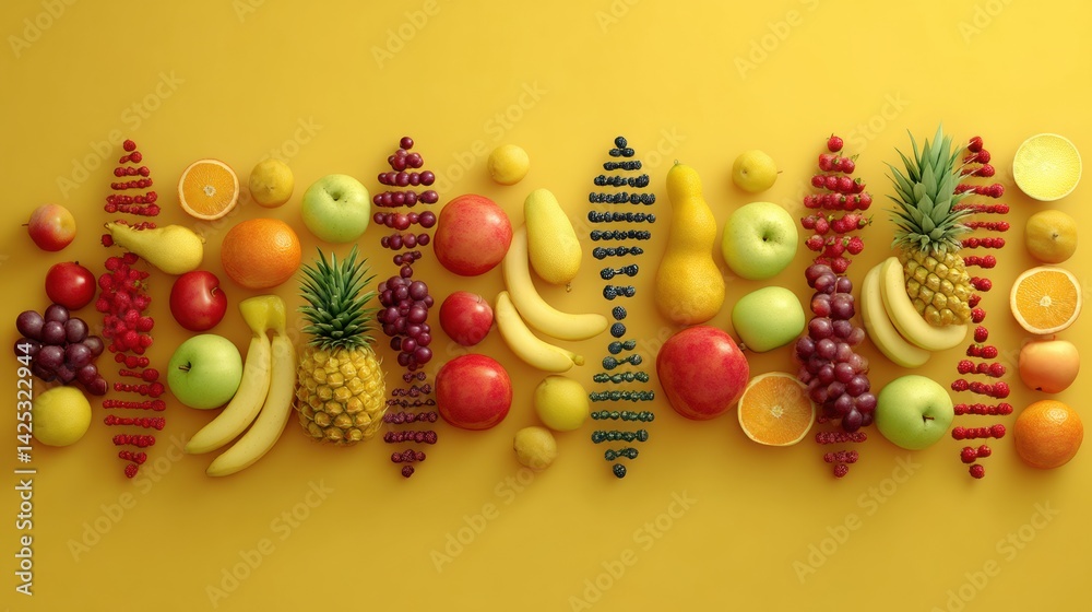 Aufkleber Bright Fruits Create a Spiral Pattern Resembling DNA on a Vivid Yellow Backdrop Showcasing Natures Bounty and Vibrancy