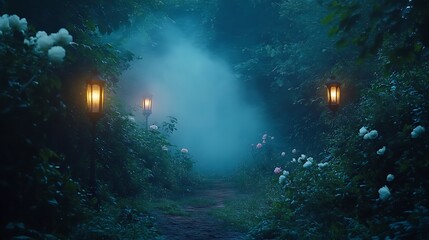 Fototapeta premium Misty forest path illuminated by lanterns