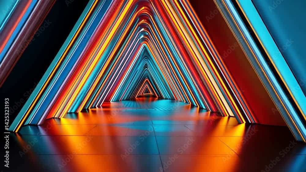 Poster Neon triangular tunnel with vibrant colors.