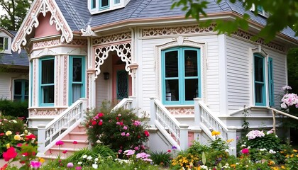 Charming Victorian architecture with whimsical floral adornment showcasing vibrant hues