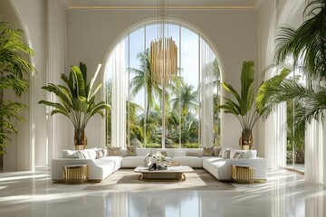 A luxurious. sunlit living room featuring elegant white furnishings and lush greenery. with large windows showcasing a serene outdoor garden. perfect for interior design inspiration
