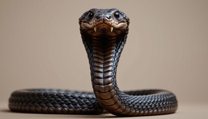 Fototapeta premium Portrait of a cobra in striking pose, fangs visible and hood flared, isolated on neutral background
