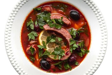 a plate with a bowl of red soup called Solyanka