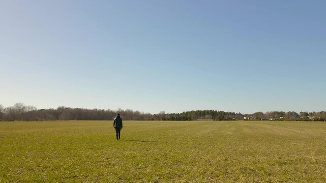 Aerial drone footage following and flying over a man who is walking further in a green and brown sunny farm field of grass field landscape during a sunny day with horizon and forest in the background
