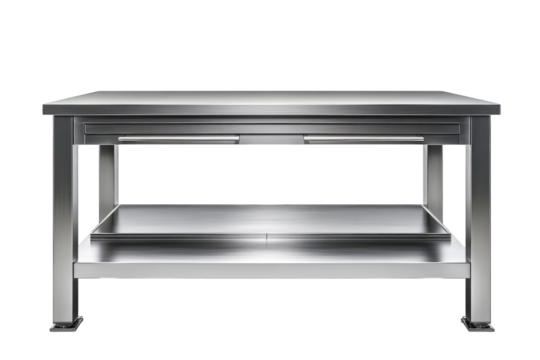 Sleek Stainless Steel Workbench with Two Drawers and Lower Shelf Perfect for Professional Kitchens Labs or Workshops Modern Design Clean on transparent background