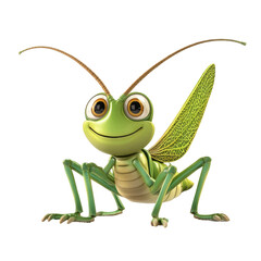 Fototapeta premium Bright green cartoon grasshopper with big eyes smiling in a playful pose, ideal for children's illustrations and animations