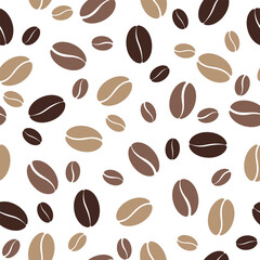 Seamless pattern of different brown coffee beans on a white background. Vector illustration, hand-drawn, flat design. Coffee pattern element for decoration, design, wrapping paper, textiles, wallpaper