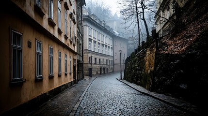 Fototapeta premium Misty Cobblestone Street in Historic European City During Winter