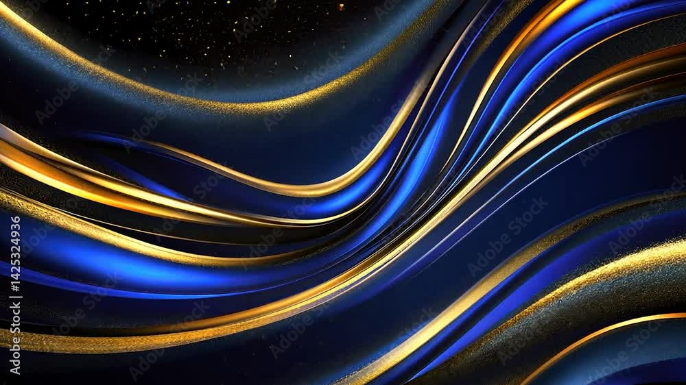 Poster abstract flowing lines of gold and blue.