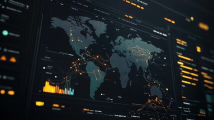 A high-tech digital world map displaying data visualizations and analytics in a dark interface.