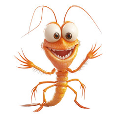 Fototapeta premium Colorful cartoon shrimp character with big eyes and a cheerful expression waving