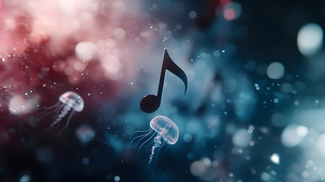 Dreamy Underwater Scene with Jellyfish and Musical Notes in Colorful Abstract Background