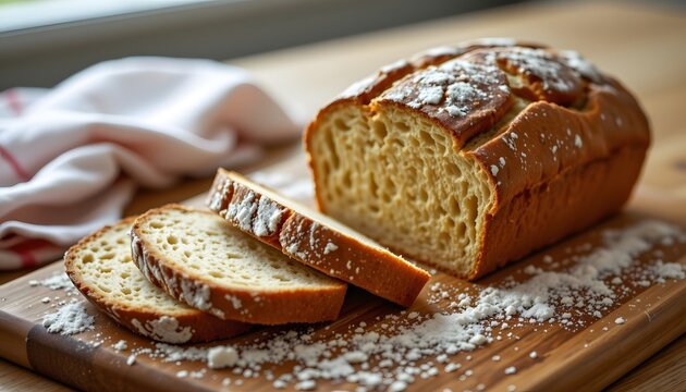 Freshly baked loaf of bread on a wooden cutting board ready to be sliced and enjoyed freshly