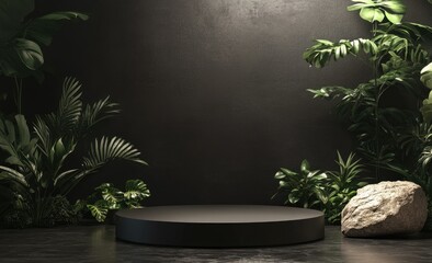 A serene circular platform surrounded by lush green foliage in a dimly lit forest setting. with soft rays of light filtering through the leaves. ideal for presentations or photography