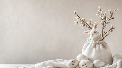 A whimsical white fabric bag resembling a bunny holds wooden eggs and delicate branches. set against a clean white background. perfect for spring or Easter-themed decor