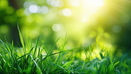 Lush green grass swaying gently in a sunlit meadow. creating a serene atmosphere with soft bokeh in the background. ideal for nature-themed projects or relaxation