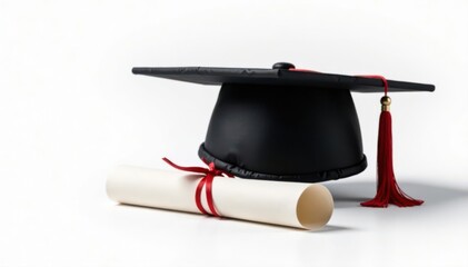 Classic graduation cap and rolled diploma, pure white backdrop, minimal, symbol, concept