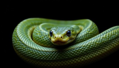 Obraz premium Striking portrait of a green snake coiled and gazing forward, scales glowing against a pure black background intense wildlife photo, vibrant contrast