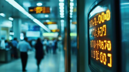 A blurred view of a busy transportation hub, focusing on a digital display showing arrival and departure times.