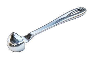 Sleek silver ladle perfect for serving sauces or soups elegantly curved handle with a rounded bowl reflecting light beautifully against a on transparent background