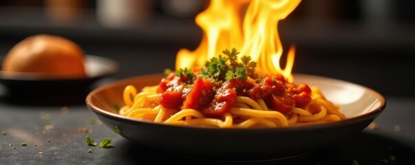 Extreme close-up, flaming dish, kitchen setting, cooking, restaurant, preparation