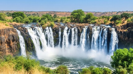Fototapeta premium Majestic waterfall cascading over dark rocks into a pool, lush greenery surrounds