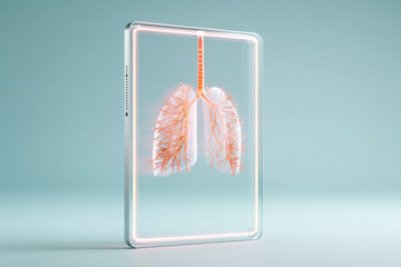 Futuristic tablet showing rotating human lungs and trachea inside glass display case