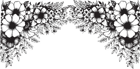 Monochrome flowers, line art, Floral border, Greeting card with flowers, can be used as invitation card for wedding, birthday and other holiday and summer on white background 