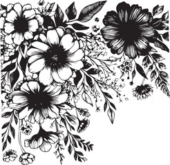 Monochrome flowers, line art, Floral border, Greeting card with flowers, can be used as invitation card for wedding, birthday and other holiday and summer on white background 