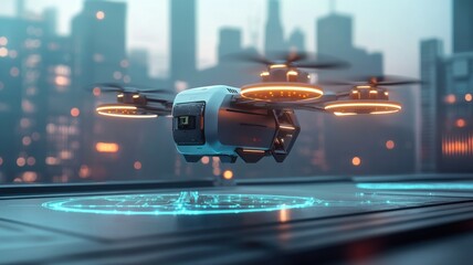 A futuristic drone hovers over a glowing interface in a cityscape, showcasing advanced technology amid a modern urban environment.