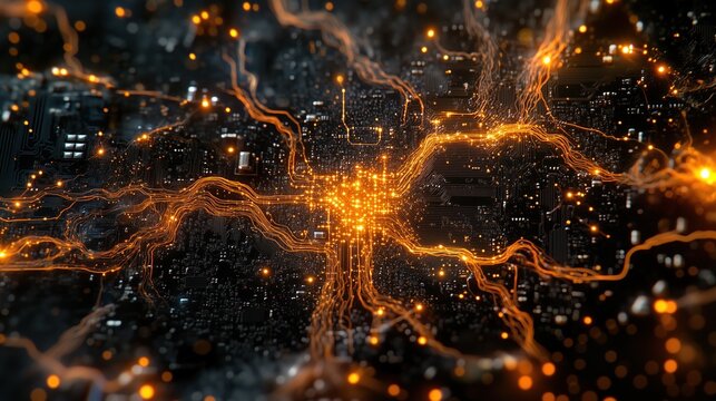 Flux &eacute;lectriques dans un circuit imprim&eacute; simulant un r&eacute;seau neuronal ou une intelligence artificielle en visualisation conceptuelle