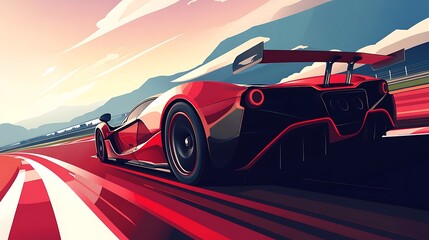 Red sports car racing sunset.