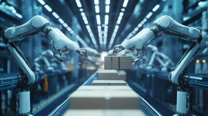 Two robotic arms in a modern factory setting are expertly maneuvering a box along an automated assembly line.