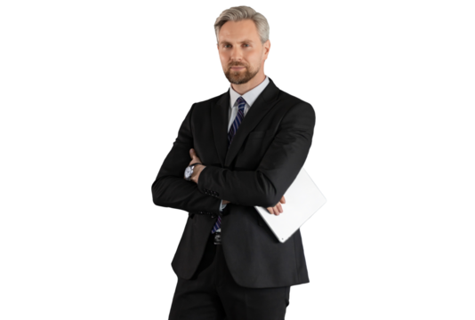 Smiling handsome businessman manager standing with tablet computer on a transparent background