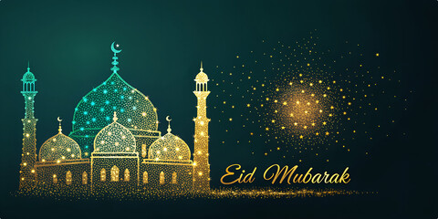 Sparkling Golden Mosque Eid Mubarak Greeting Card Design