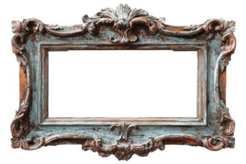 Elegant antique ornate picture frame teal and brown distressed wood vintage style perfect for showcasing artwork or photography on transparent background