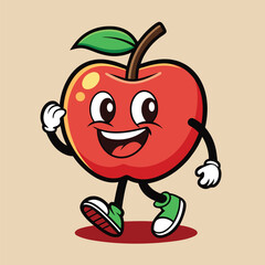 Groovy apple mascot. Funky retro character. cartoon apple, smiling, walking. Funny vintage trendy style character. Doodle Comic collection 
