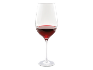 A warm, tanned hand with perfectly manicured nails holding a stemmed glass of rich red wine. The deep crimson liquid
