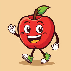 Groovy apple mascot. Funky retro character. cartoon apple, smiling, walking. Funny vintage trendy style character. Doodle Comic collection 