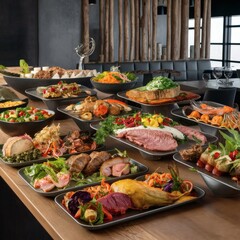 Fototapeta premium A creative overhead view of a contemporary buffet spread in a sustainable restaurant, with locally sourced dishes and minimal waste presentation.